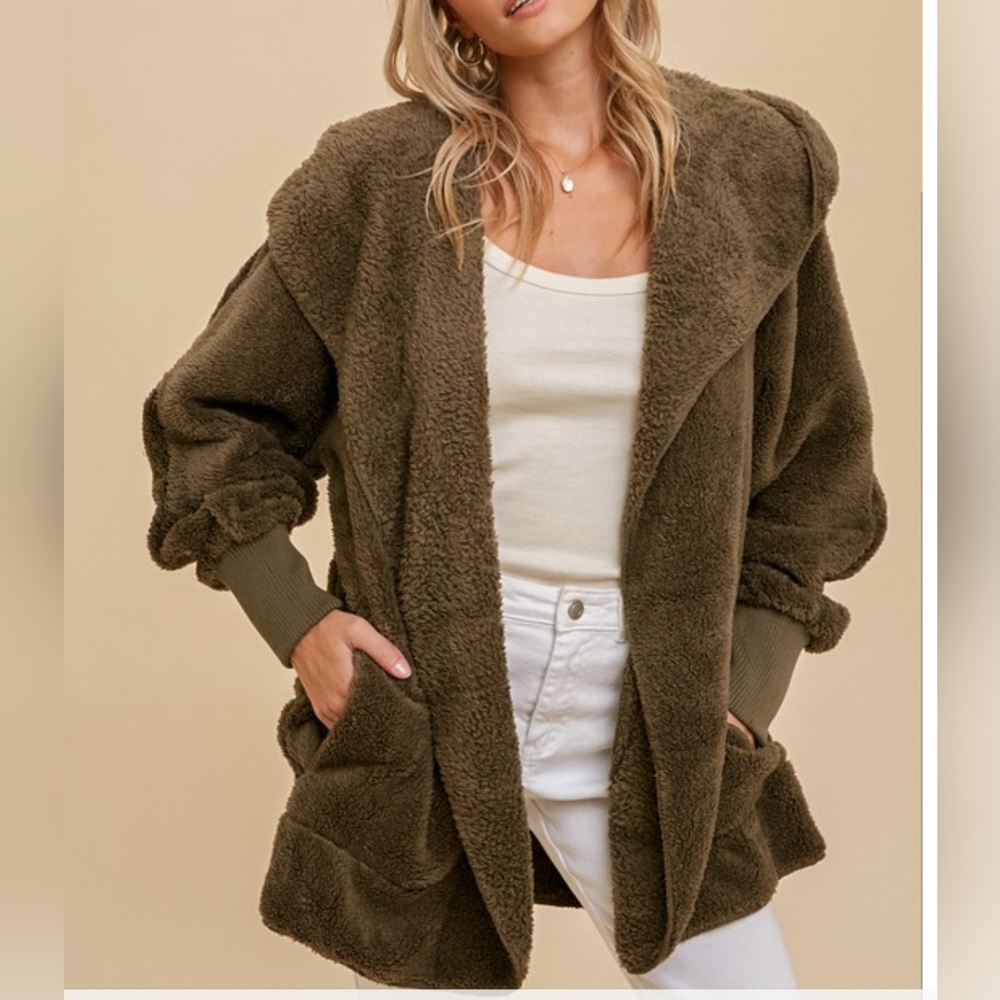 One size Olive Faux fur So Soft plush hooded teddy jacket with pockets